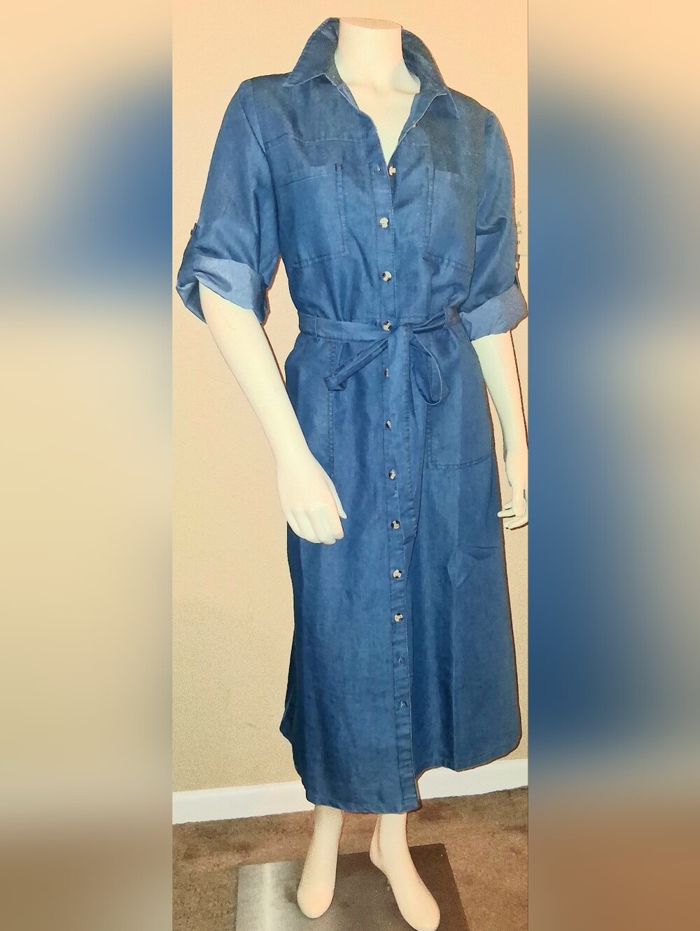 Blue Denim Shirt Dress with Waist Tie